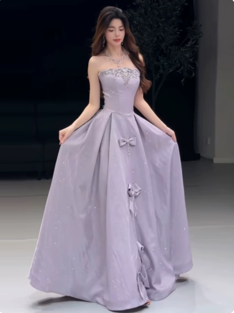 French Chic Purple Beaded A-Line Strapless Bow-knot Corset Maxi Evening Dress Prom Dress RS355