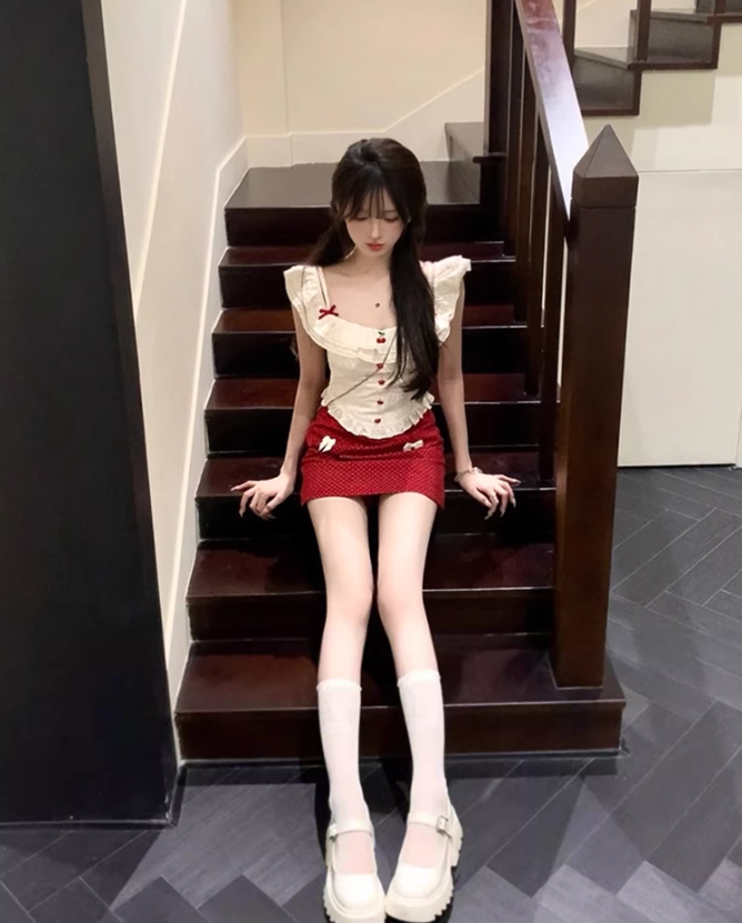 Pure desire design two-wear short slim top 2025 sweet polka dot skirt suit R1384