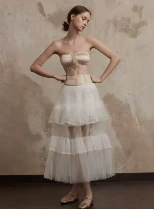 Brown tube top with fishbone top and white cake long skirt for homecoming dress R4774