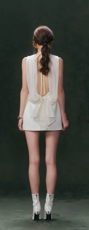 White sleeveless waist A-line short skirt homecoming dress R4857