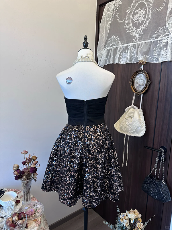 Black tube top high waist sequined skirt short skirt homecoming dress R4289