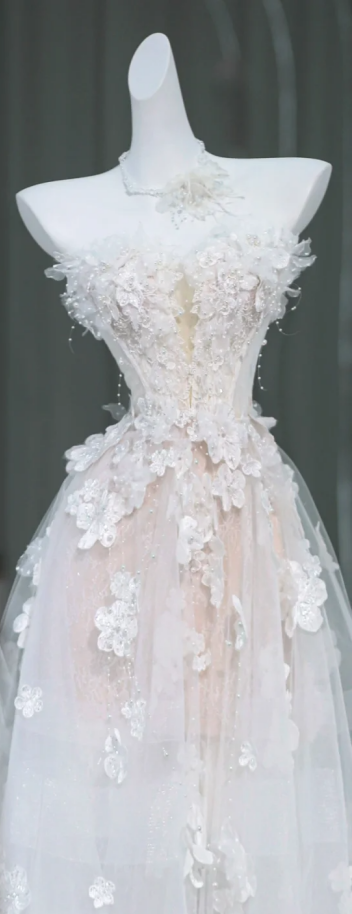 Apricot Flower Tube Top Waist Slim Fit A-Line Cute Bridal Dress R5834