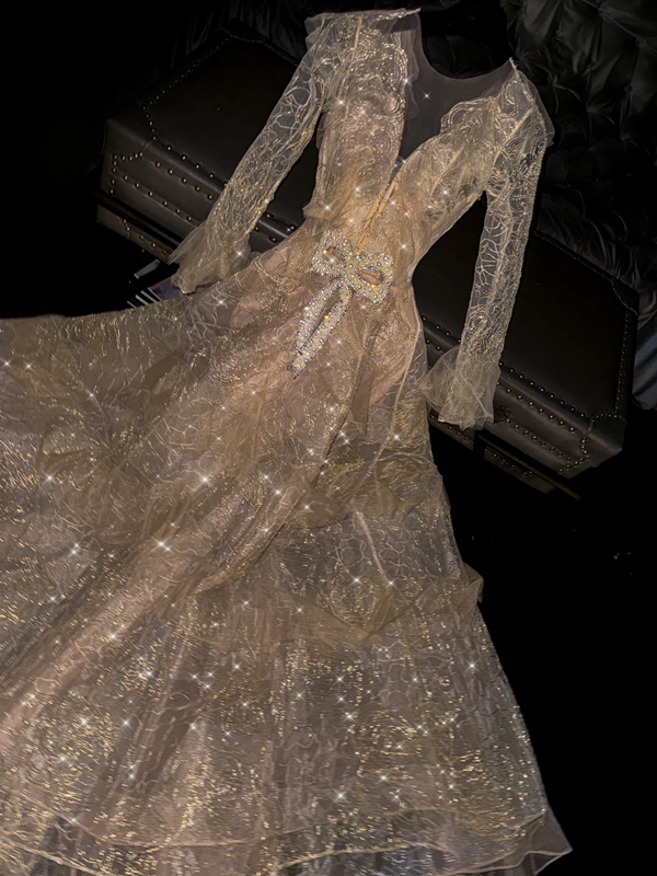 Gold V-neck long-sleeved fitted long sexy ball gown/bridal dress R8757