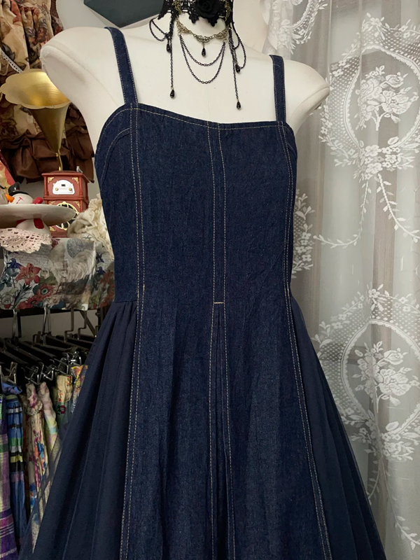 Dark blue denim overalls fitted waist long dress, prom dress R6271