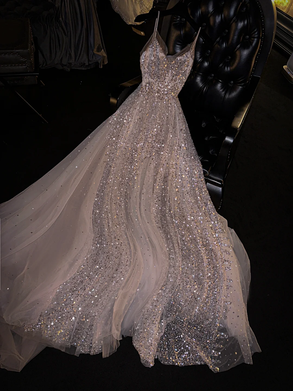 Light pink sequined halter-neck fitted long ball gown/bridal dress R8817