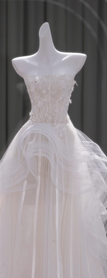 White Strapless Sequined Fitted Waist Bridal Dress R5795