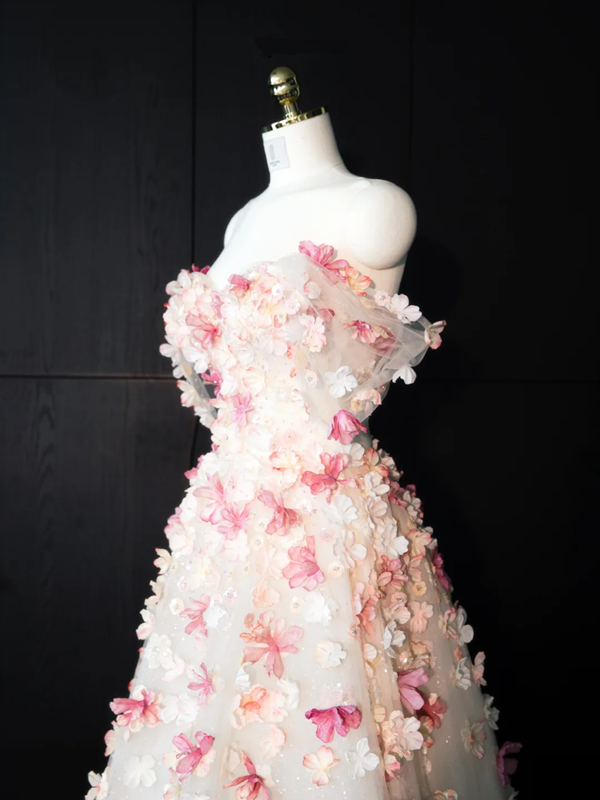 Pink floral off-the-shoulder fitted long ball gown, bridal dress R8967