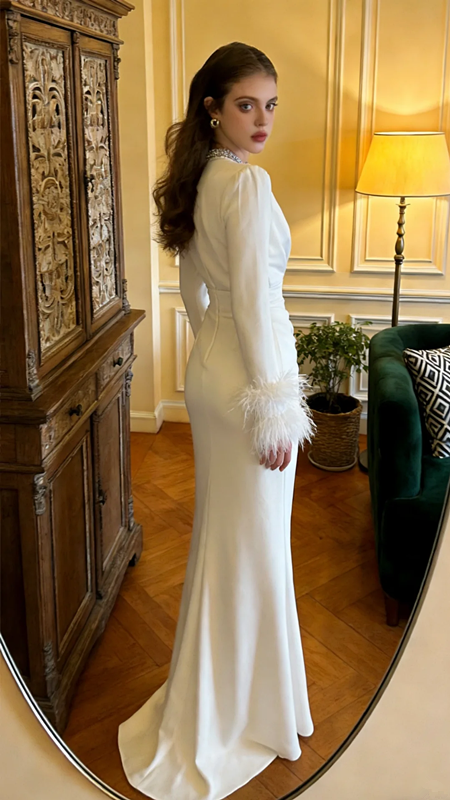 White long-sleeved, fitted, bodycon, elegant ball gown R8603