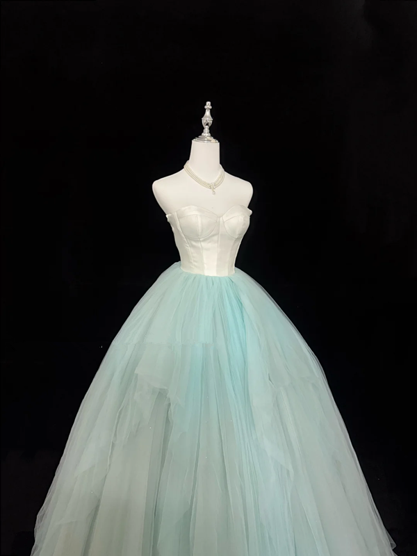 White strapless fitted bodice with light green tulle skirt, long ball gown R9057