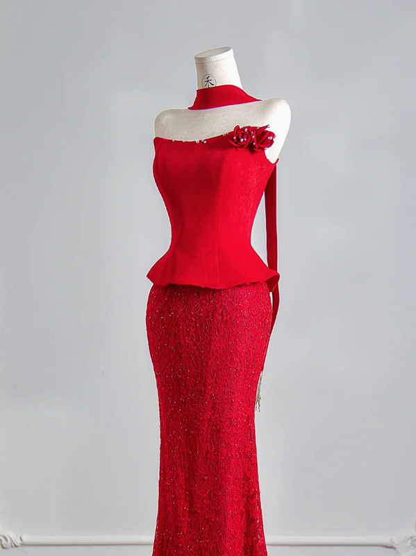 Red strapless fitted waist sexy top with lace bodycon skirt ball gown, wedding dress R8137