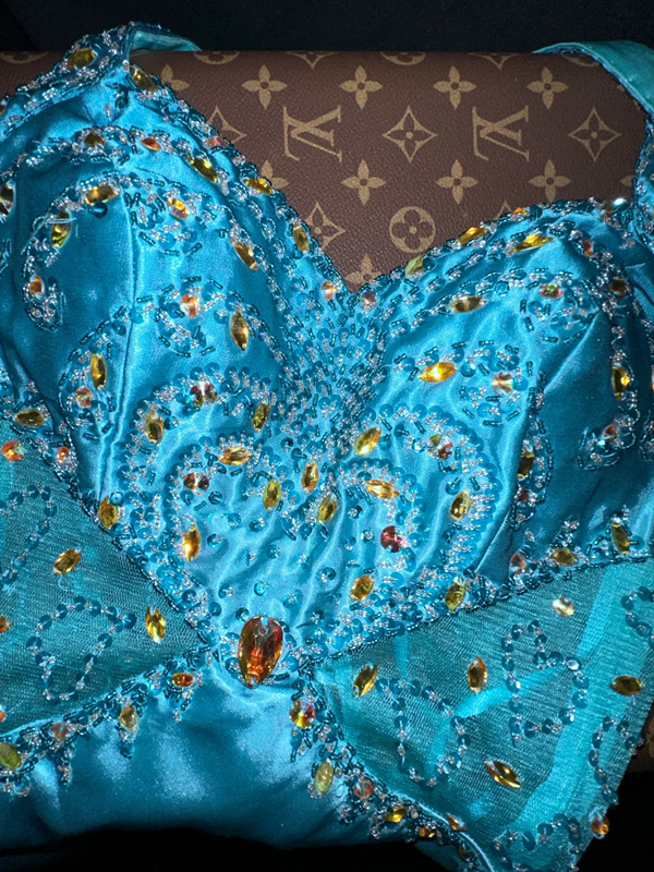 Lake blue halter neck rhinestone fitted waist elegant fairy long ball gown R6910