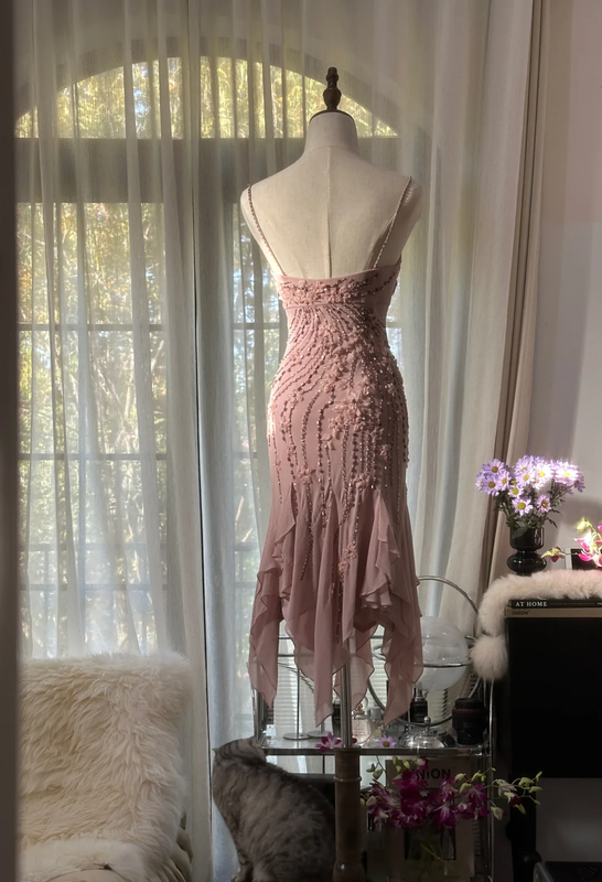 Light pink halter-neck fitted waist slim-fitting irregular hem midi ball gown R7706