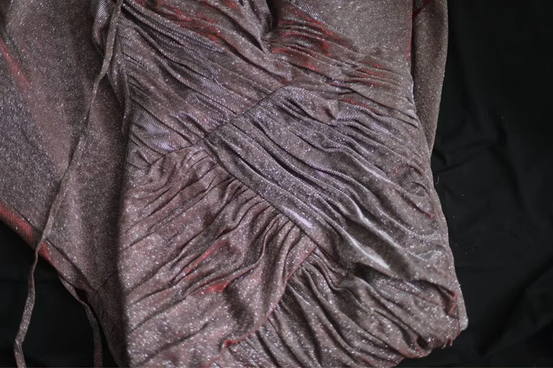 Dark red halter-neck, fitted, pleated, fishtail skirt, long ball gown R6751