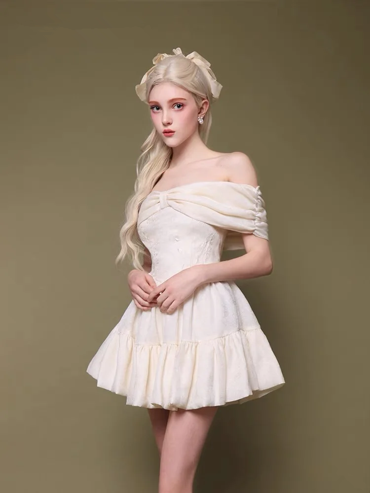 White one-shoulder slim waist A-line cake skirt homecoming dress R5281