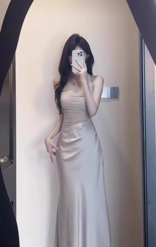 French style mesh hollow off-shoulder halter dress high-grade acetate satin waist slim hip skirt summer R0432