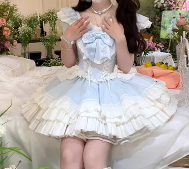 Sweet design sweetheart lolita dress bride bow waist slim flying sleeves puffy princess dress R1680