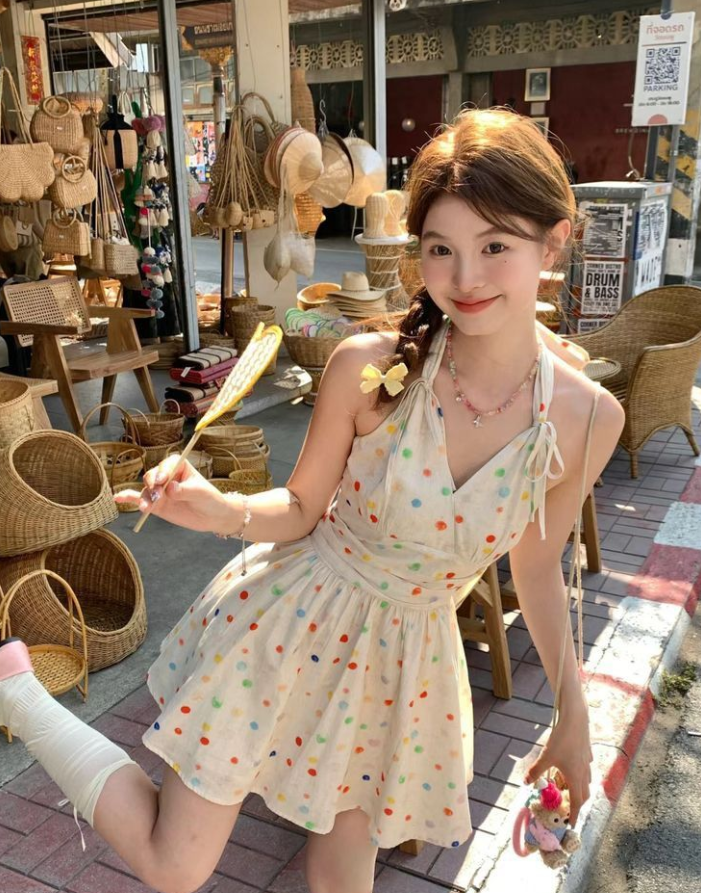 White halterneck colored polka dot waist slim fit short skirt homecoming dress R4066