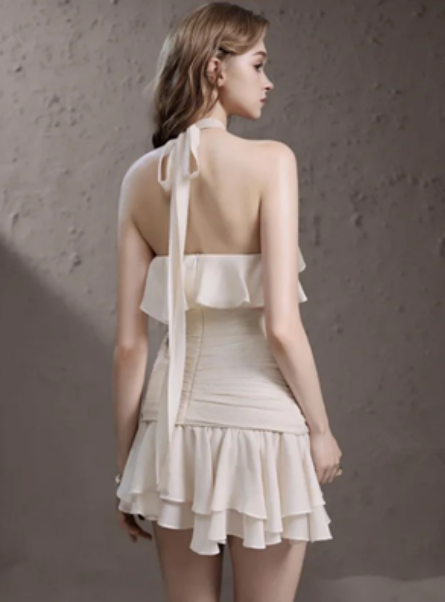 Brown halter neck rose neck chiffon waist slim fit retro short skirt homecoming dress R4692