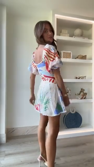 Retro floral puff sleeves, slim waist, A-line short skirt, homecoming dress R5601