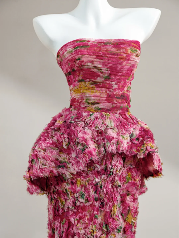 Pink floral tube top sexy long skirt with waist, prom dress R5641