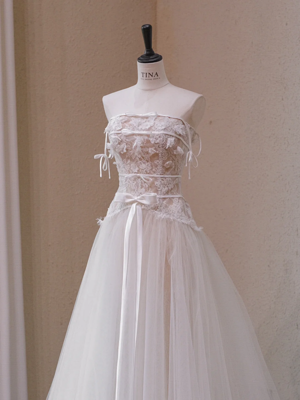 White Strapless Lace Waist Slim A-Line Long Dress Bridal Gown R5718