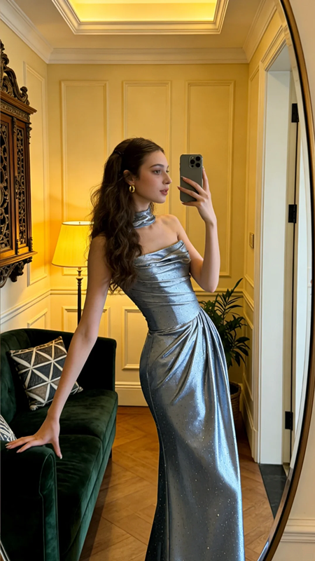 Gray-blue strapless fitted satin long ball gown R8574