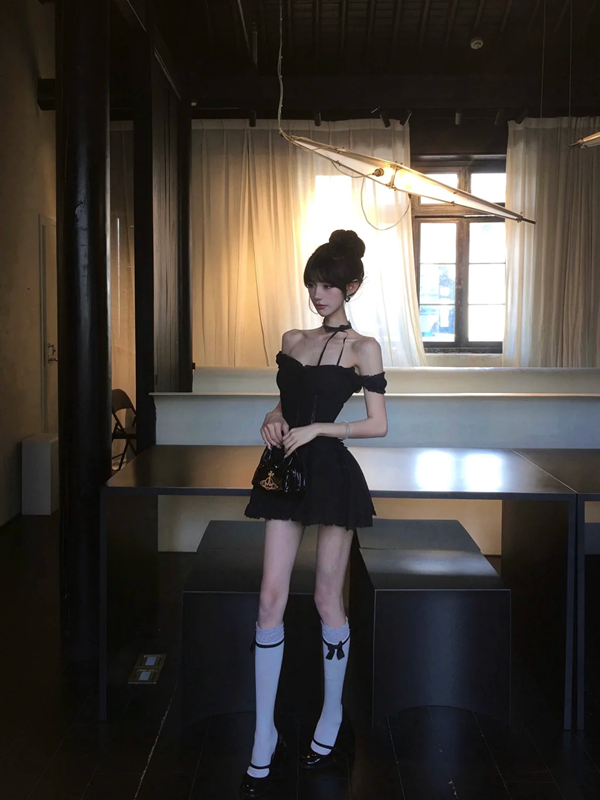 Black suspenders slim waist A-line cute short skirt homecoming dress R5061