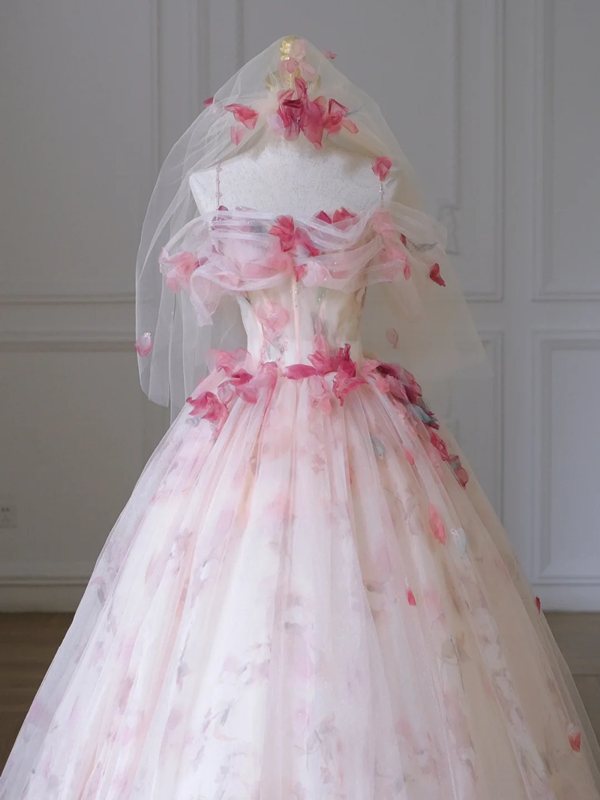 Pink suspender floral waist slim fit puffy A-line maxi ball gown bridal gown R5873
