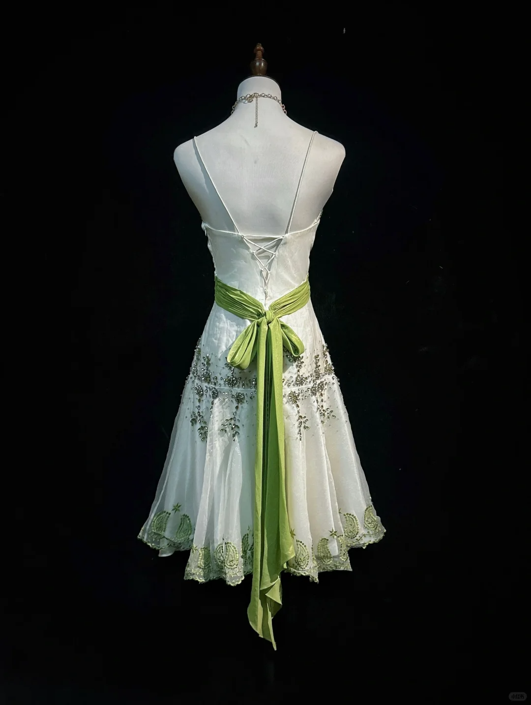 White halter neckline green diamond waist lace skirt mid-length dress homecoming dress R4899