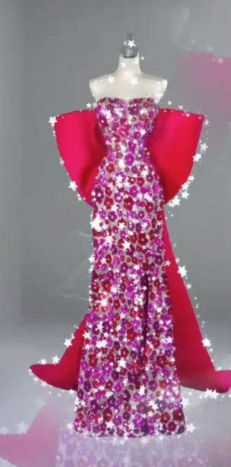 Red floral print strapless fitted long ball gown R6472