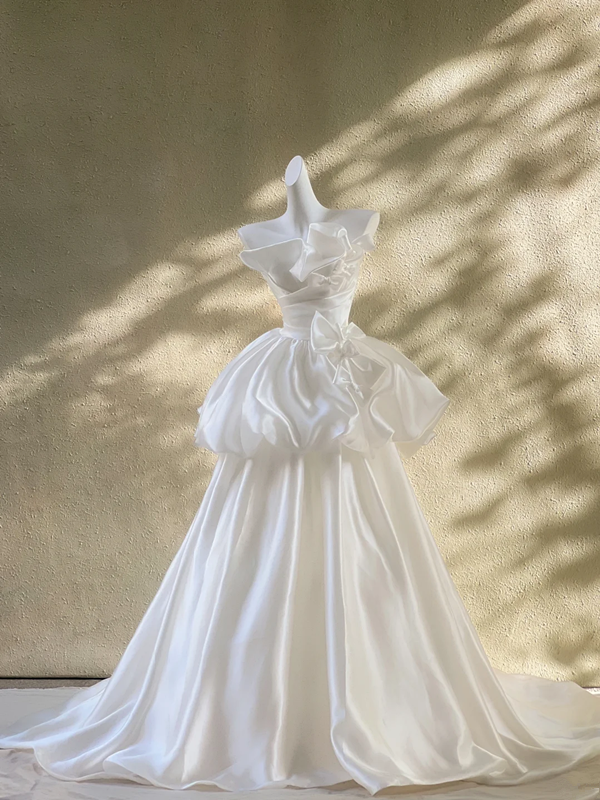 White strapless satin waist puffy design skirt long dress bridal gown R5759