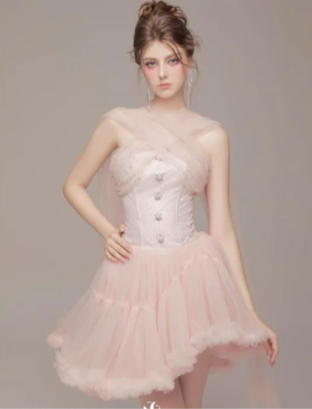 Pink design sense cross neckline design waist slim irregular skirt short skirt homecoming dress R4817