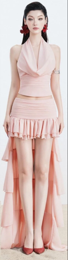 Pink halterneck sexy top with pleated skirt for homecoming dress R4653