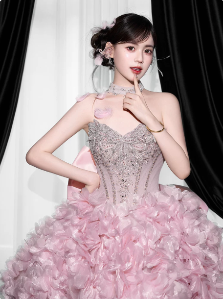 Cute Pink Ball Gown Sweetheart Feather Tem Corset Mini Party Dress Homecoming Dress RS386