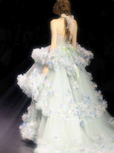 French Chic Mint Green Floral A-Line Sweetheart Tiered Corset Maxi Prom Dress Evening Dress RS388