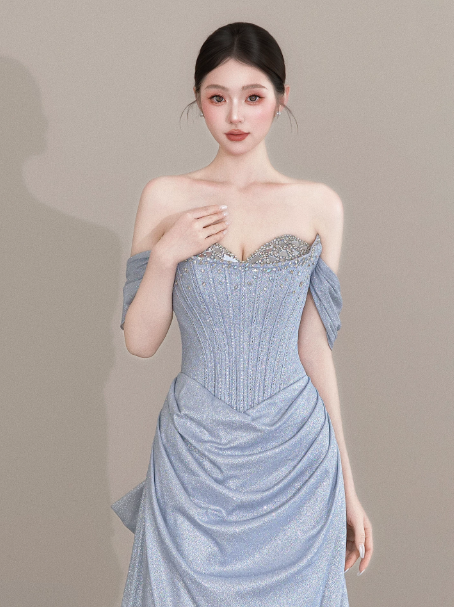 Elegant Blue Mermaid Bateau Corset Maxi Prom Dress Evening Dress RS389