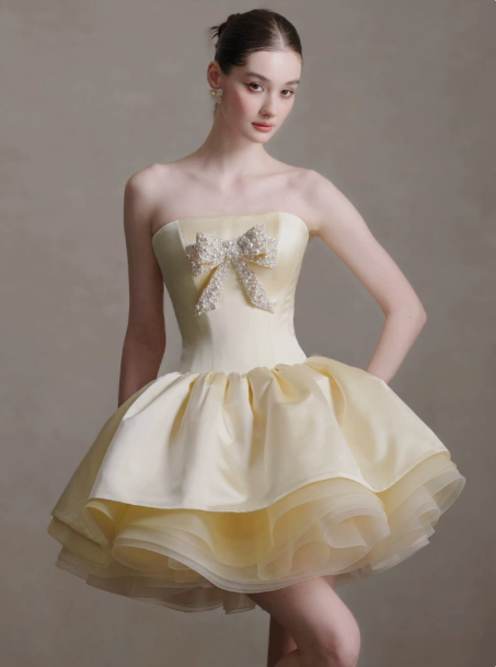 French Chic Pastel Yellow A-Line Strapless Corset Mini Party Dress Homecoming Dress RS390
