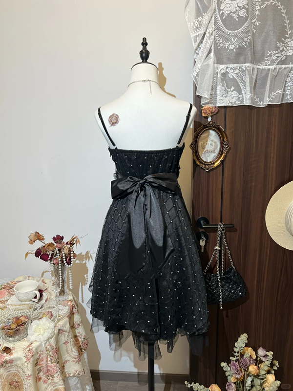 Black suspenders waist slim fit short skirt homecoming dress R4331