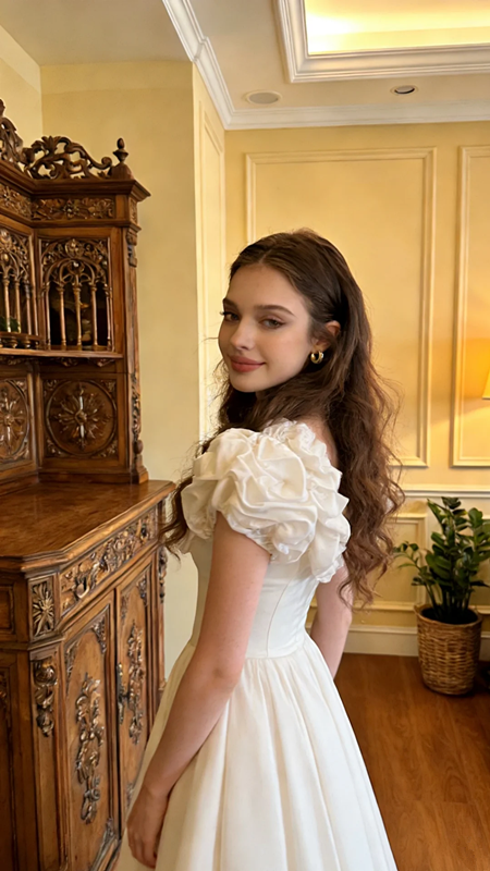 White floral V-neck dress with a fitted waist and pleated skirt, long ball gown/bridal gown R8575