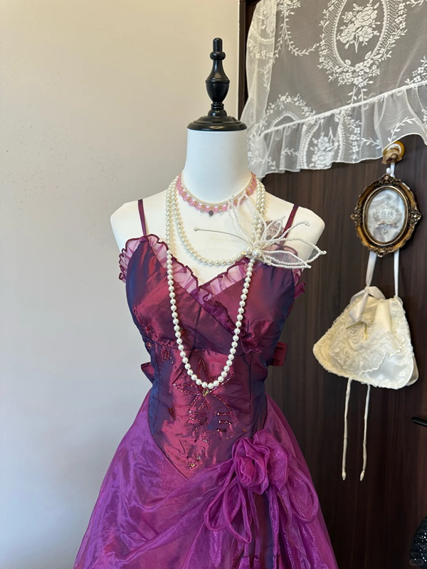 Dark purple suspenders, slim waist, slimming, A-line, charming short skirt, homecoming dress R4249