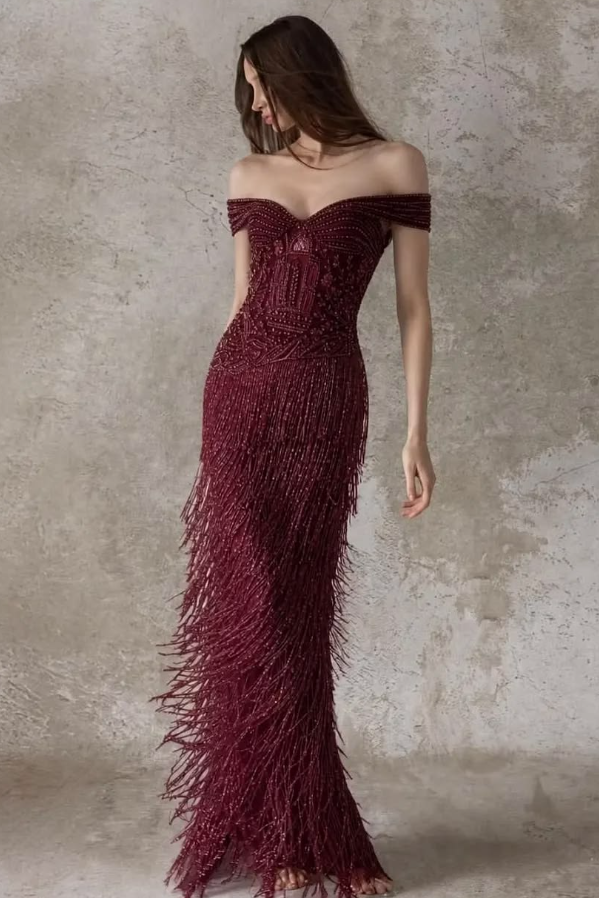 Tassel Decor Bodycon Prom Gown , Burgundy Women's Maxi Evening Dress Ball Gown RS2395