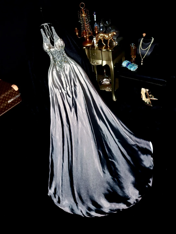 Grey halter neck beaded fitted long ball gown R6871