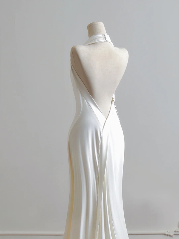 White halter-neck, fitted waist, backless, sexy bodycon long ball gown R8188