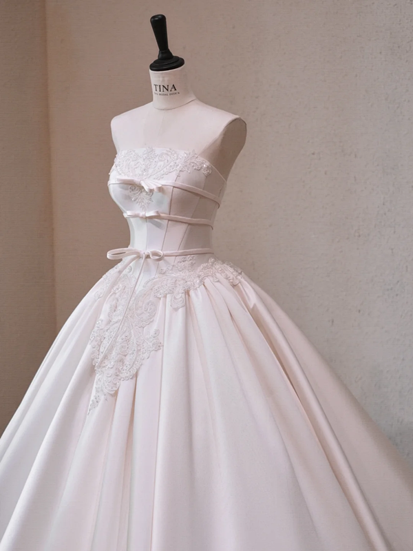 White satin tube top waist slim fit puffy skirt long dress bridal gown R5719