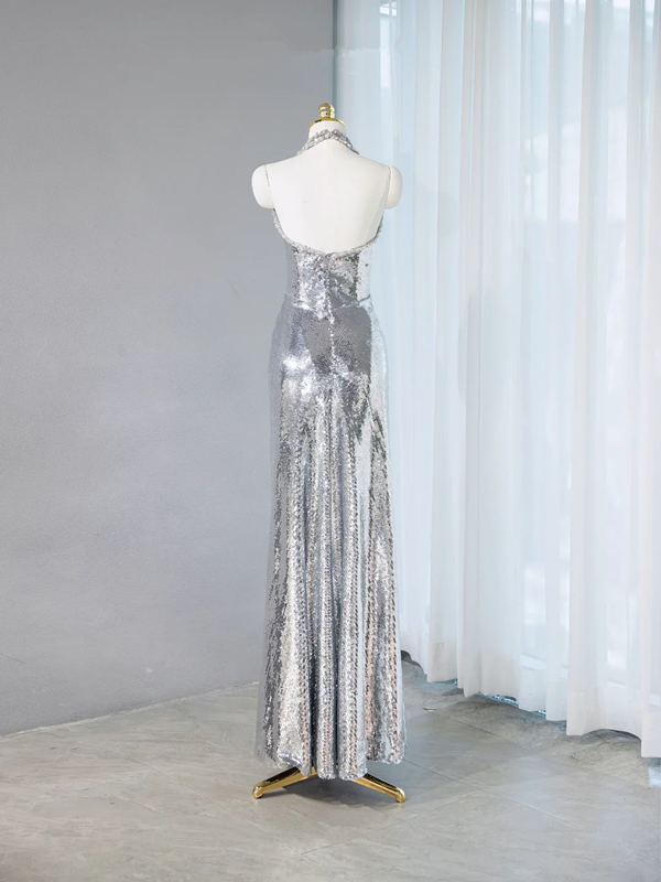 Silver halter-neck, fitted long ball gown/bridal dress R9029