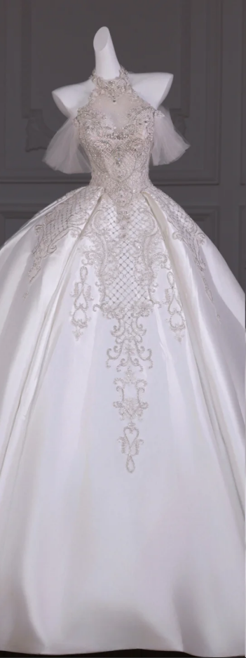 White halterneck sequined waist slim fit puffy skirt long bridal dress R5760