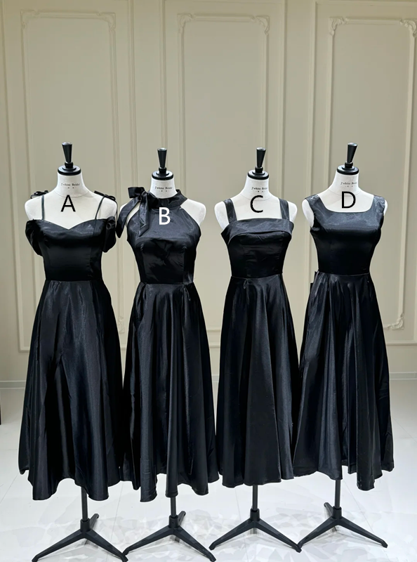 Black satin waist-cinched, figure-flattering ball gown, bridesmaid dress R5954