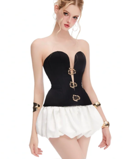 Black tube top slim fit white bud skirt short skirt homecoming dress R4371