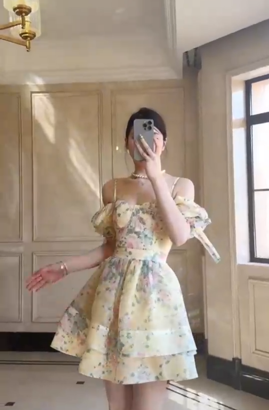 Apricot Strapless One-Shoulder Floral Print Slim Waist A-Line Short Skirt Homecoming Dress R5602