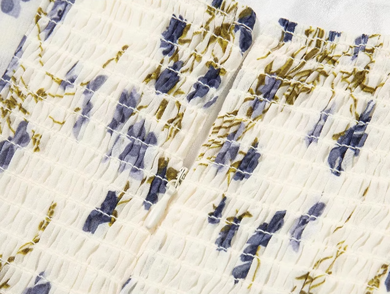 2025 Summer New French Blue Floral Holiday Style Mid-Length Suspender Dress R0923